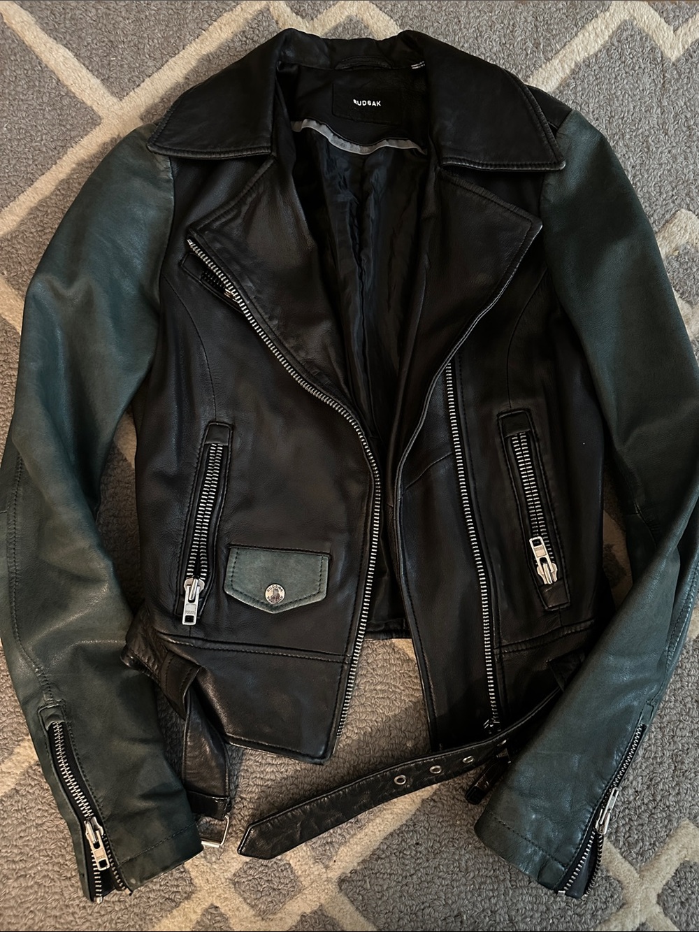RUDSAK Black Leather Moto Jacket with Dark Green Sleeves